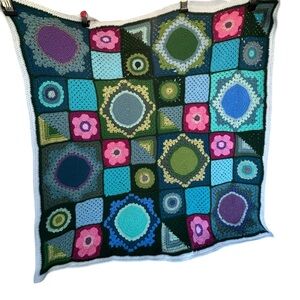 Crochet Afghan Lap Blanket Bright Multi Color Floral Granny Squares 42 x 42